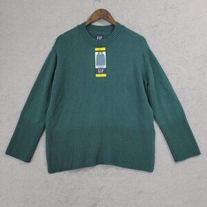 NEW Gap Womens S Green Cotton Sweater Ribbed Hem Long Sleeves Crewneck